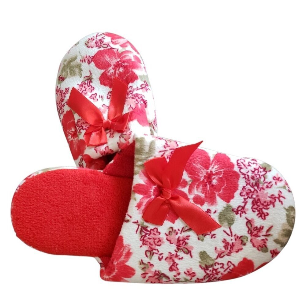 B8 Zheng Floral Womens Plush Slip-On  Slippers With Red Bow White/Red Size 40/41